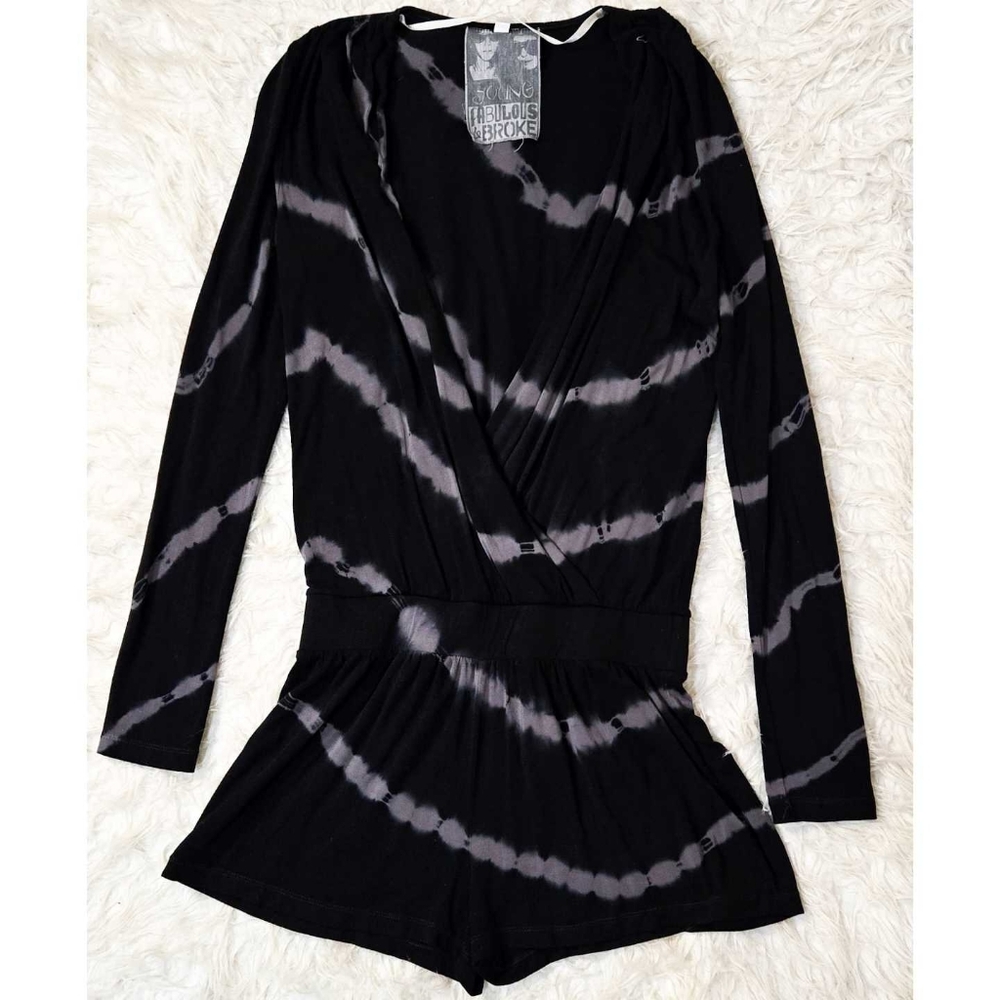 Young Fabulous & Broke Romper Long Sleeve V Neck Black Gray Tie Dye Modal